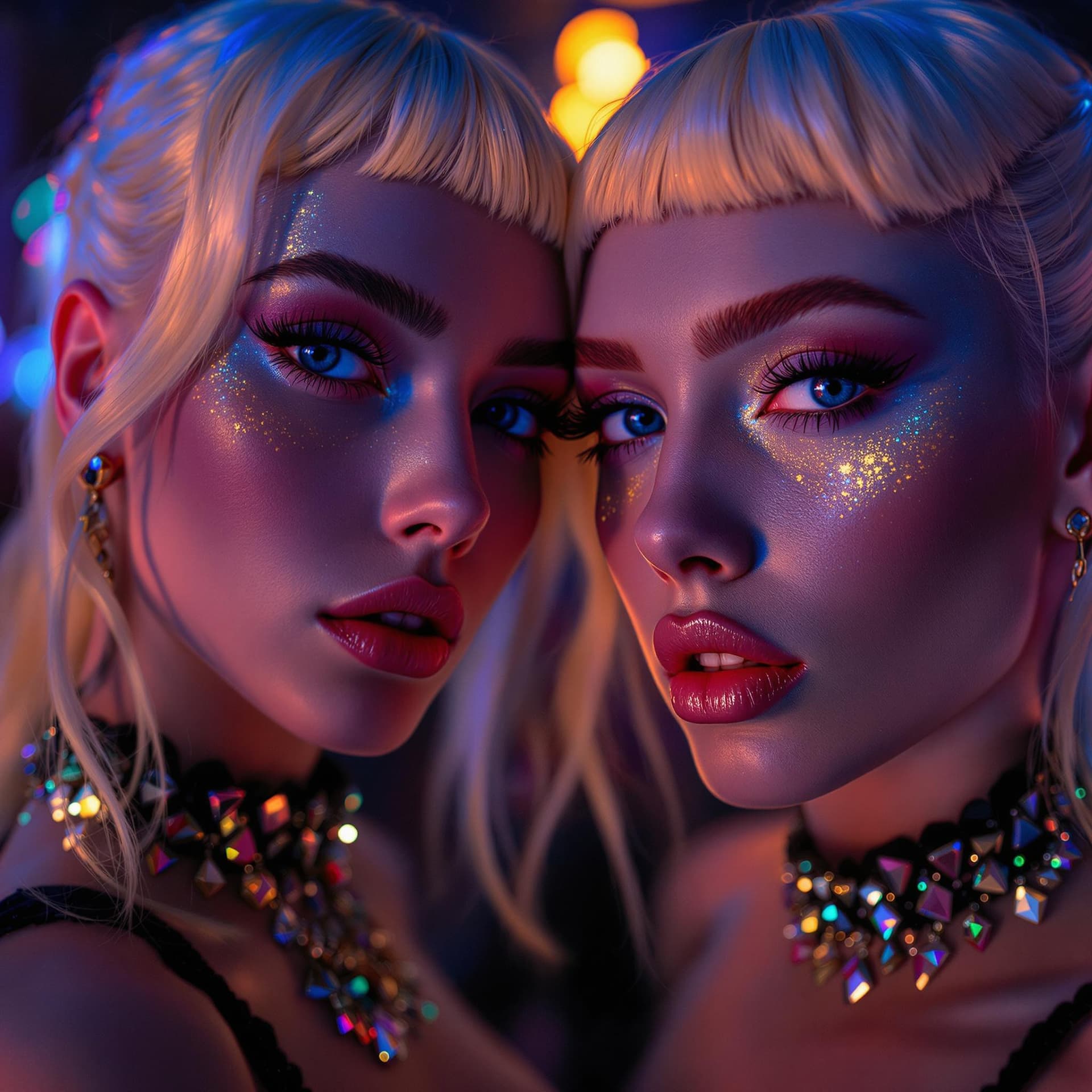 AI generated: Fashion photography, close portrait of two albino twin sisters in blue light at night club, volumetr...
