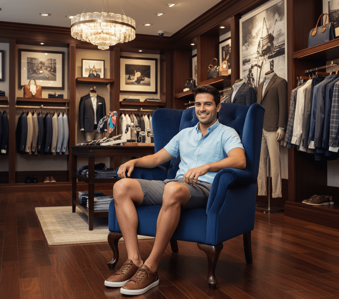 AI generated: At a very luxurious men clothing store. The Hispanic male is slender, he is 5 feet tall, he is weari...