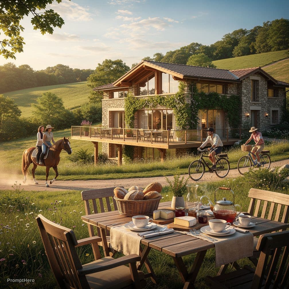 AI generated: A luxurious boutique hotel in the lush green countryside, wide-angle establishing shot. In the foreg...