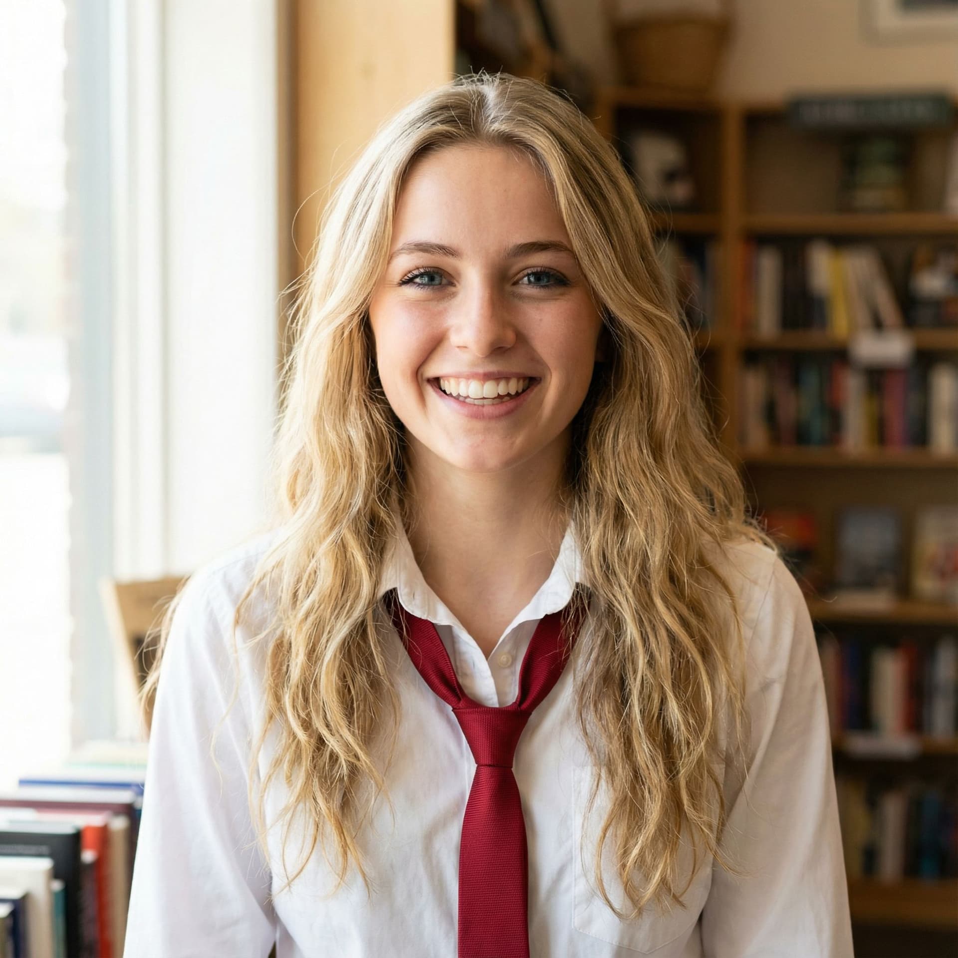 AI generated: A portrait of a young 18 year woman with long blonde hair, in white shirt and red tie smiling at cam...