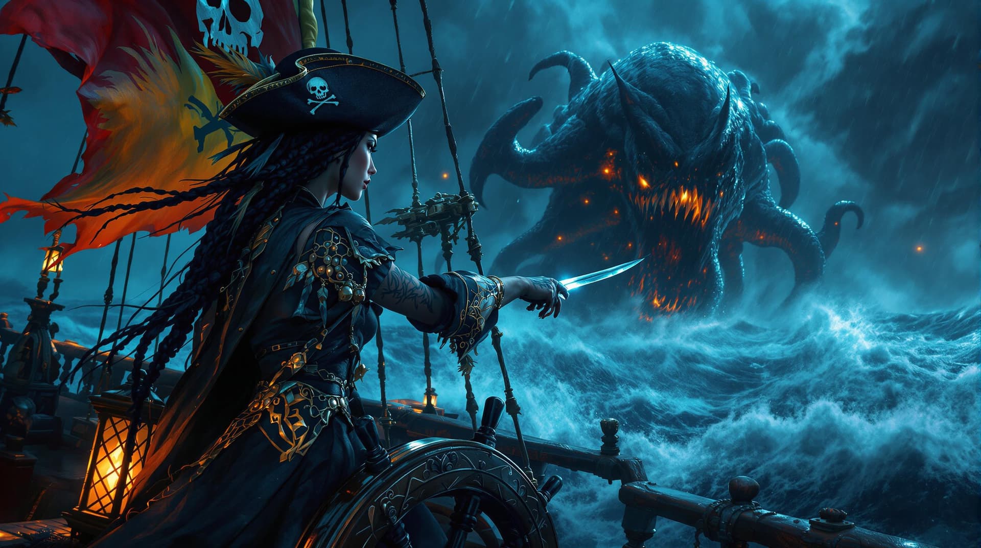 AI generated: The tempest raged, and the sea churned like an angry beast. Amidst the chaos, a commanding figure st...