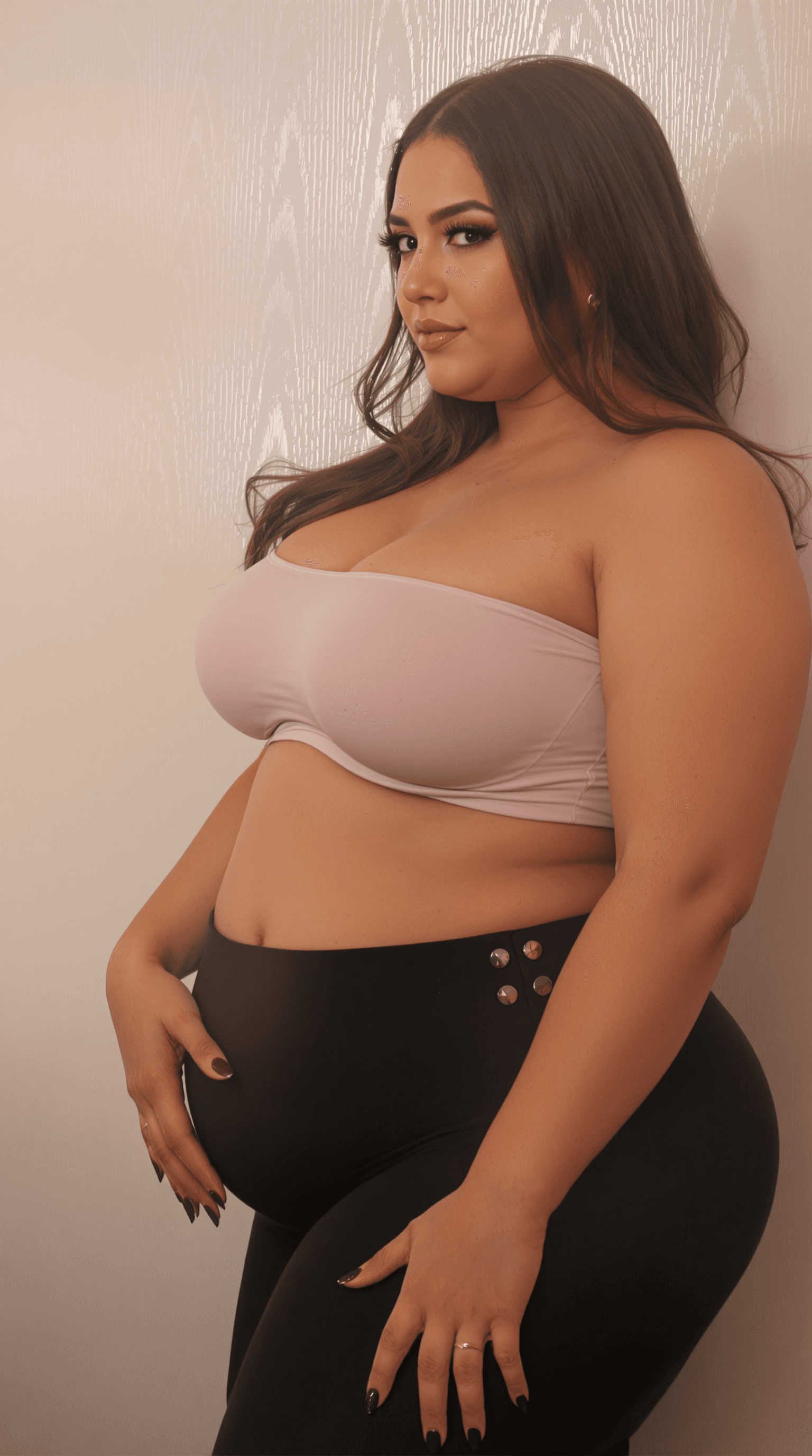 AI generated: full body girl wearing small crop top,  big boobs 