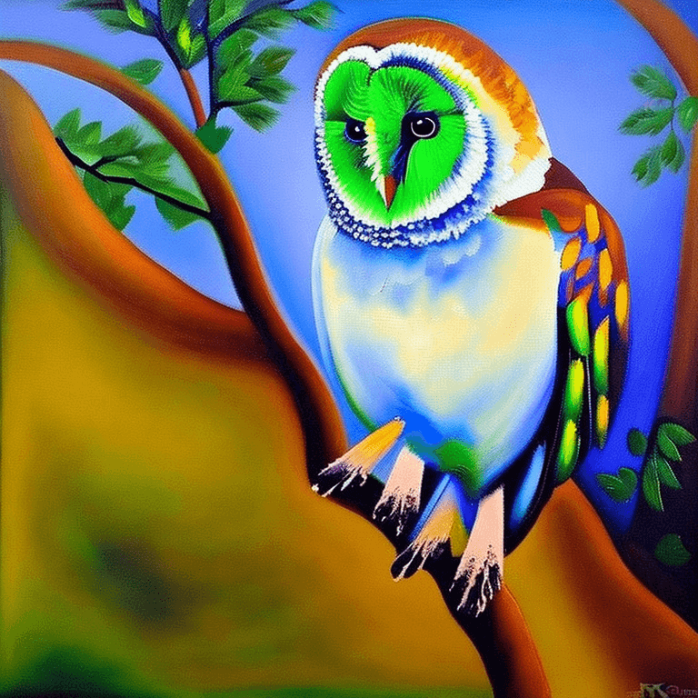 AI generated: Ralistic, ((Masterpiece, best quality)), cute barn owl perching on branch in dream park, Picasso oil...