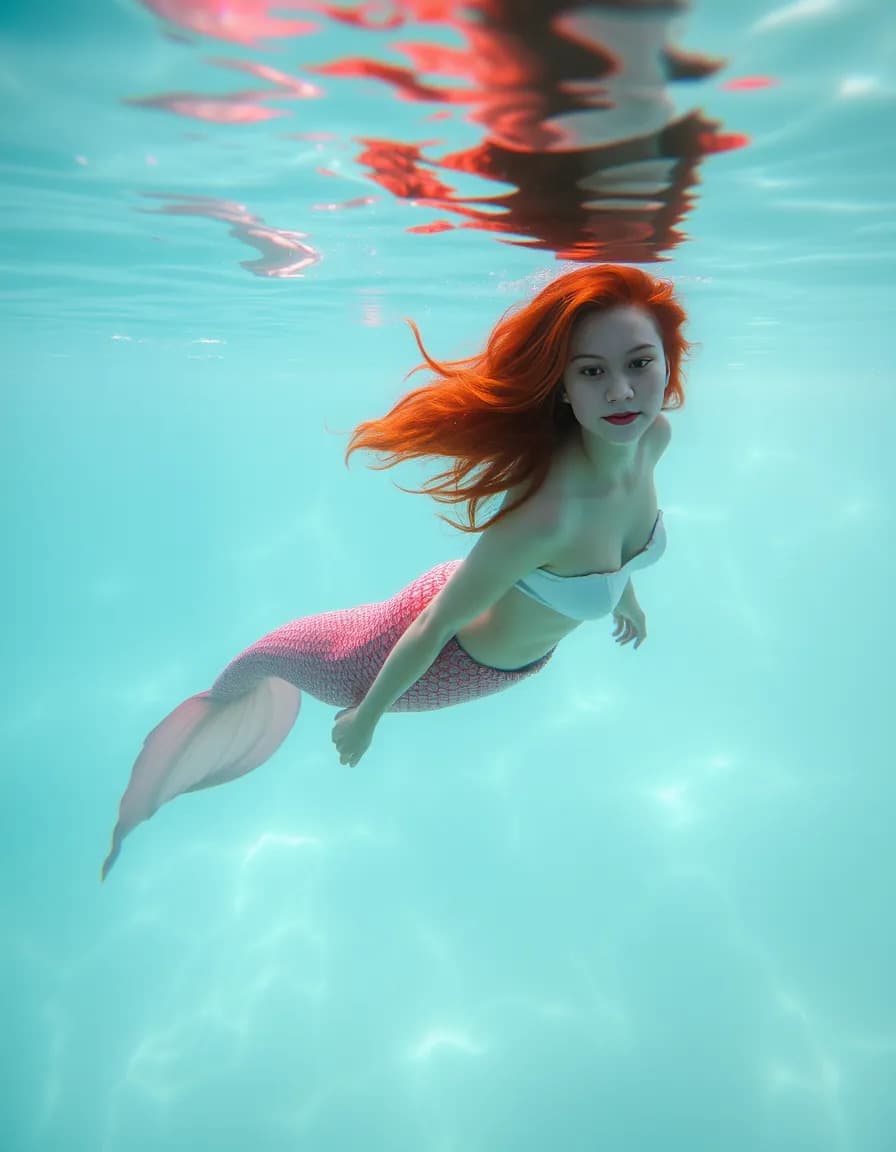 AI generated: A photo of a serene underwater scene with a beautiful red-haired mermaid with a long red tail and ir...