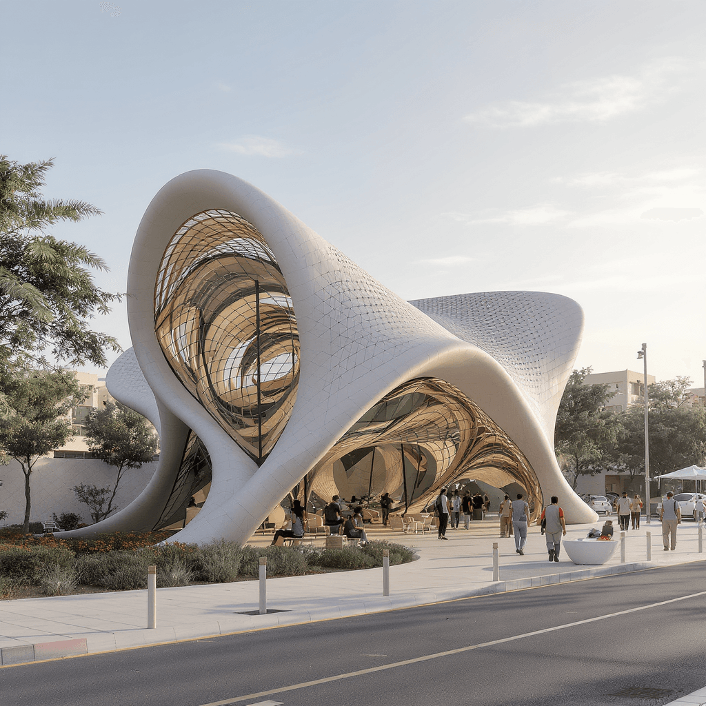 AI generated: "Design a contemporary pavilion intended as a shelter for homeless individuals in Lebanon. The struc...