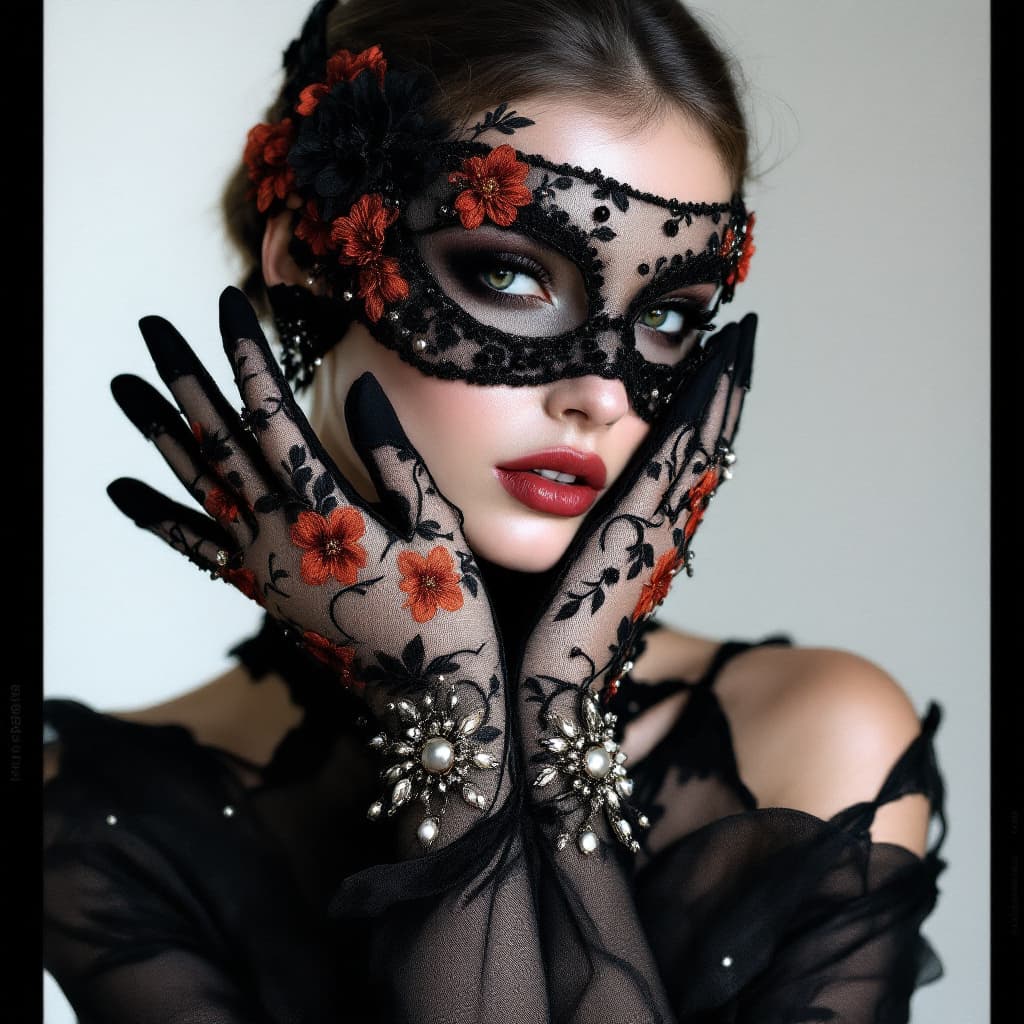 AI generated: A fashion photograph featuring a model wearing gloves with red persian rugg pattern black flowers, a...