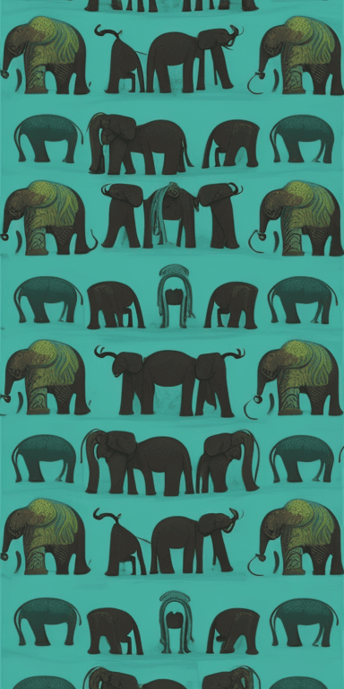 AI generated: seven elephants, trunks up, jungle, turquoise colors.