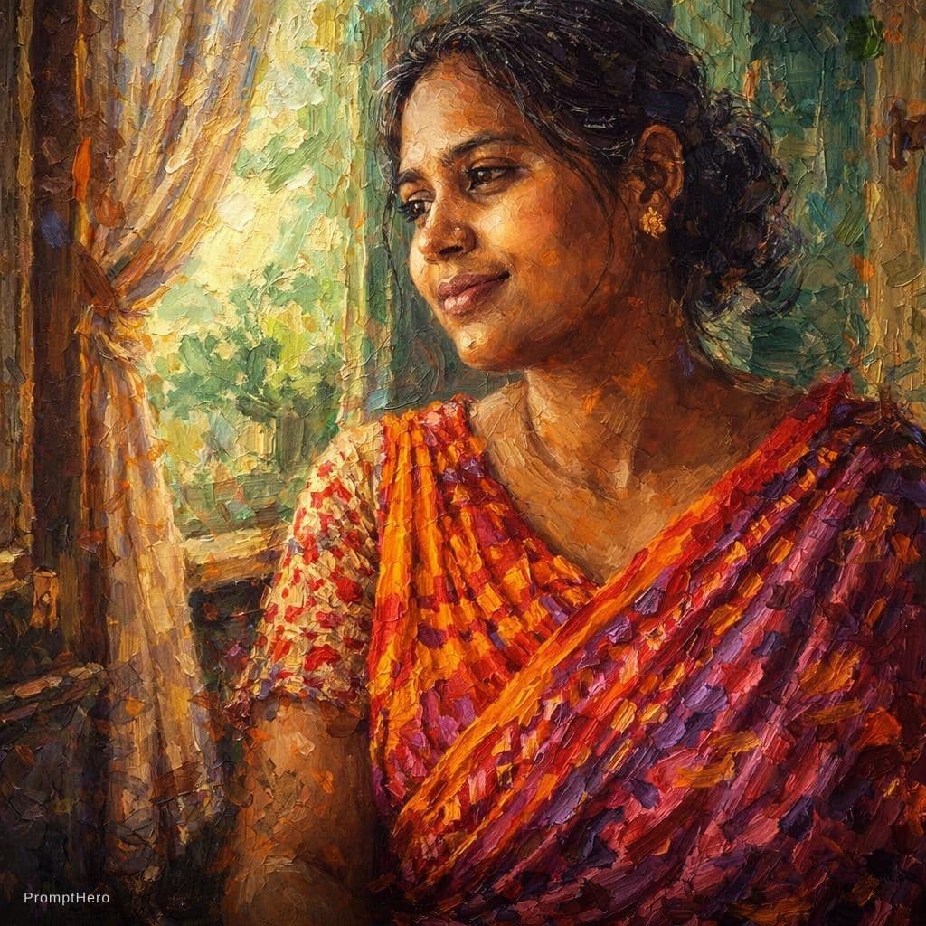 AI generated: 
a painting of a woman sitting near a window, in the style of beautiful women, playfully intricate,...