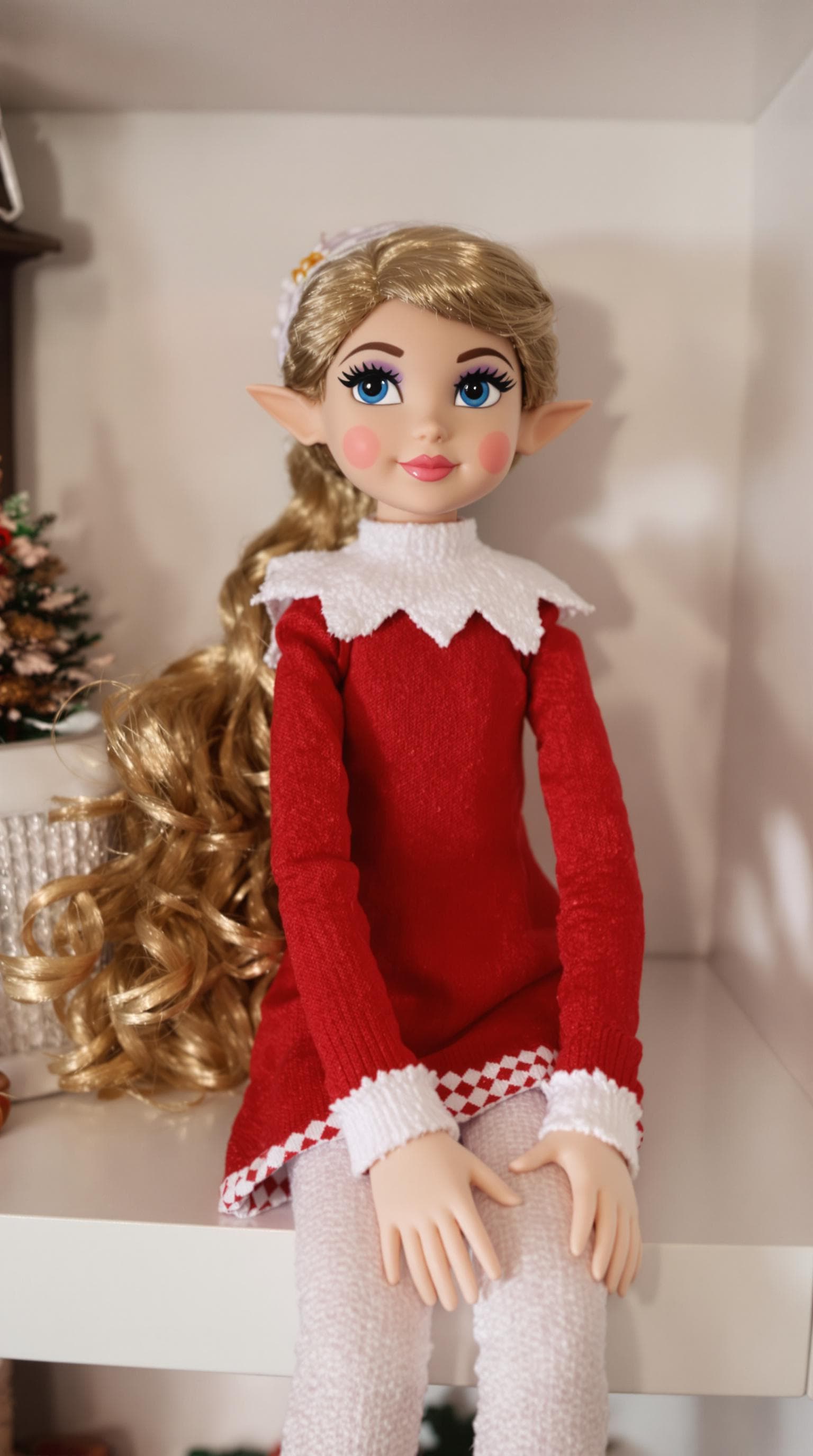 AI generated: a professional photo of a exceptionally beautiful elf on the shelf girl (16 inch figurine), (eleven ...