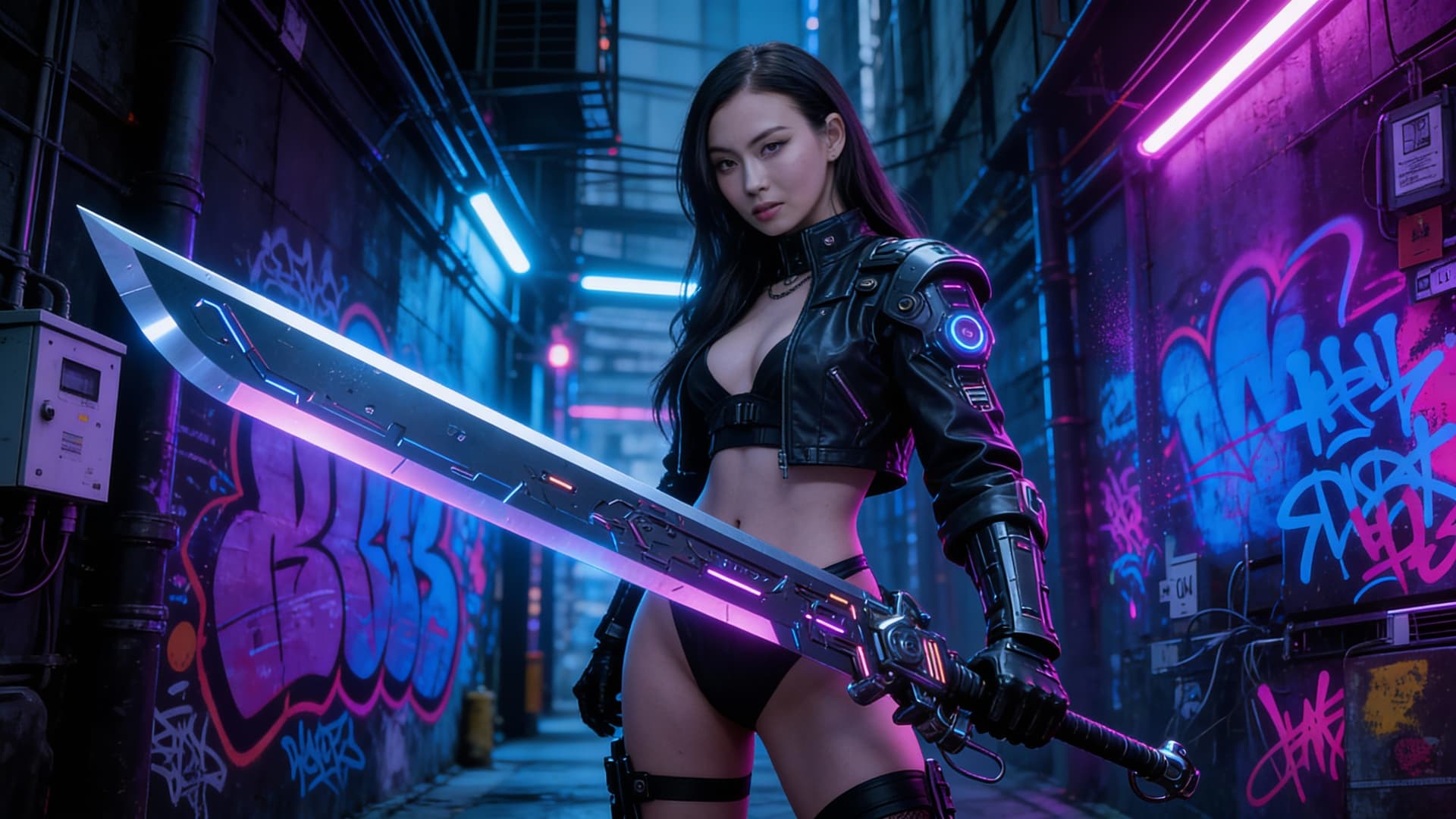 AI generated: A futuristic cyberpunk female warrior (1:1 resemblance to the woman in the reference picture) with l...