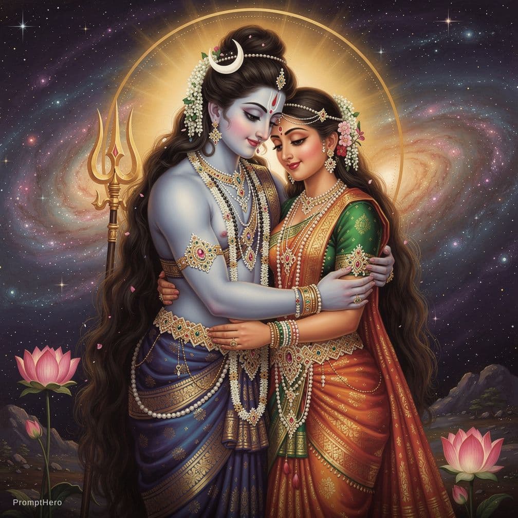 AI generated: Arthanaeeswarar romance more cosmic background more intimate more sexual 