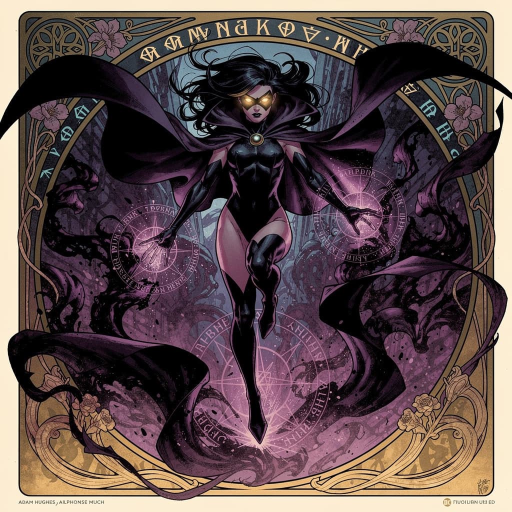 AI generated: An Adam Hughes masterpiece: in Alphonse Mucha style: raven (dc) full body, flying, dark magic circle...