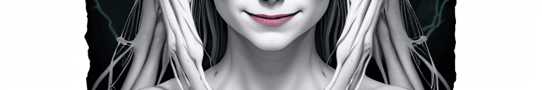 AI generated: sinister, smiling medusa, (glowing eyes:1.2), shoulders, pale white cracked skin, dusty white rock f...