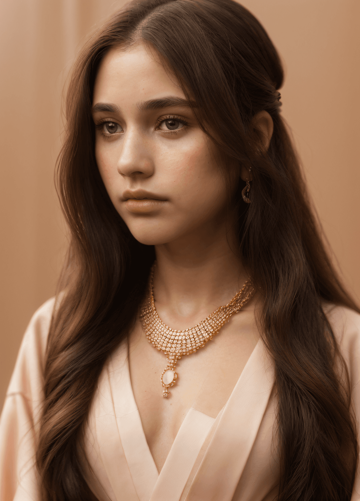 AI generated: ((1girl)), brown_eyes, jewelry, kimono, lips, long_hair, necklace, realistic, solo, upper_body, (clo...