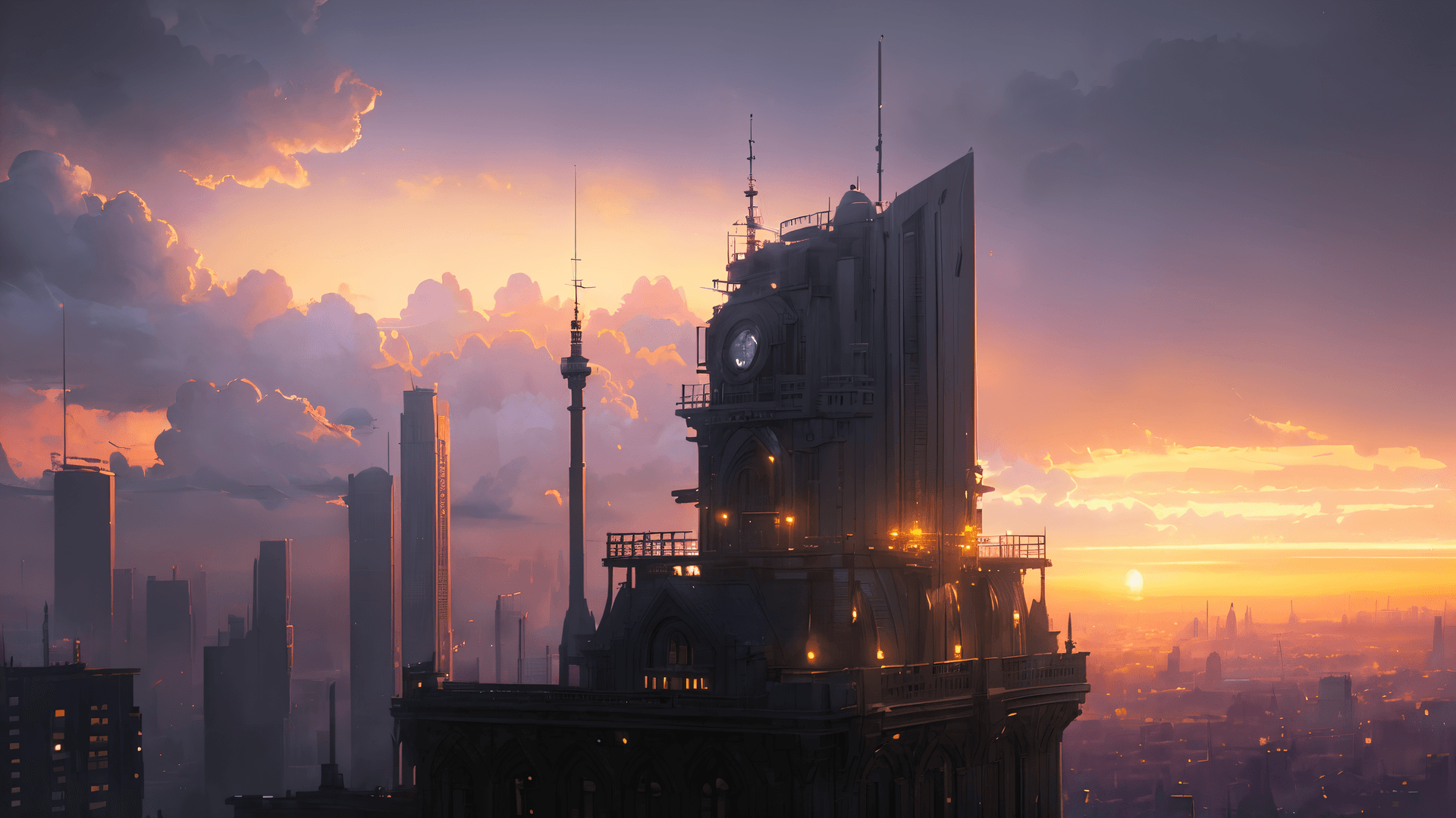 AI generated: (masterpiece, award winning, highest quality:1.3) , style of Maxfield Parrish , city , sunset , clou...