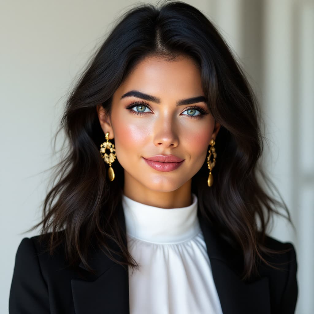 AI generated: Create an ultra-realistic portrait of a woman with lifelike features. She has smooth, slightly tanne...
