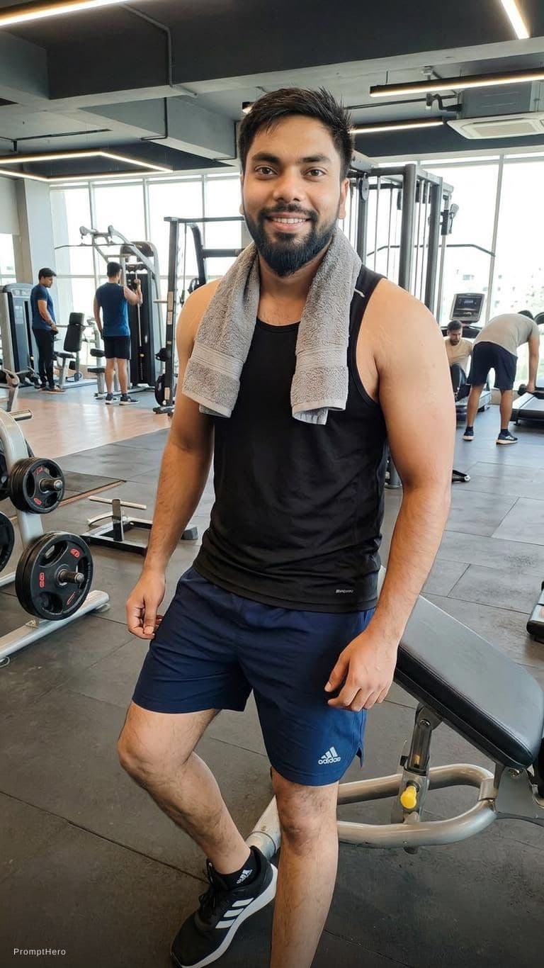 AI generated: man at the gym with towel around neck, gym clothes and sneakers, without tattoo