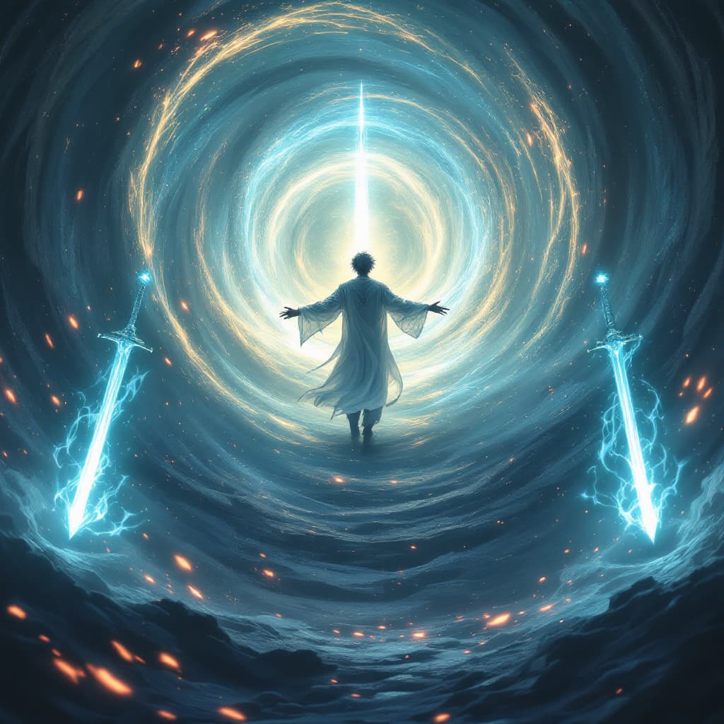 AI generated: In a mesmerizing scene, an ethereal anime man stands amidst swirling portals, each exuding sparkling...