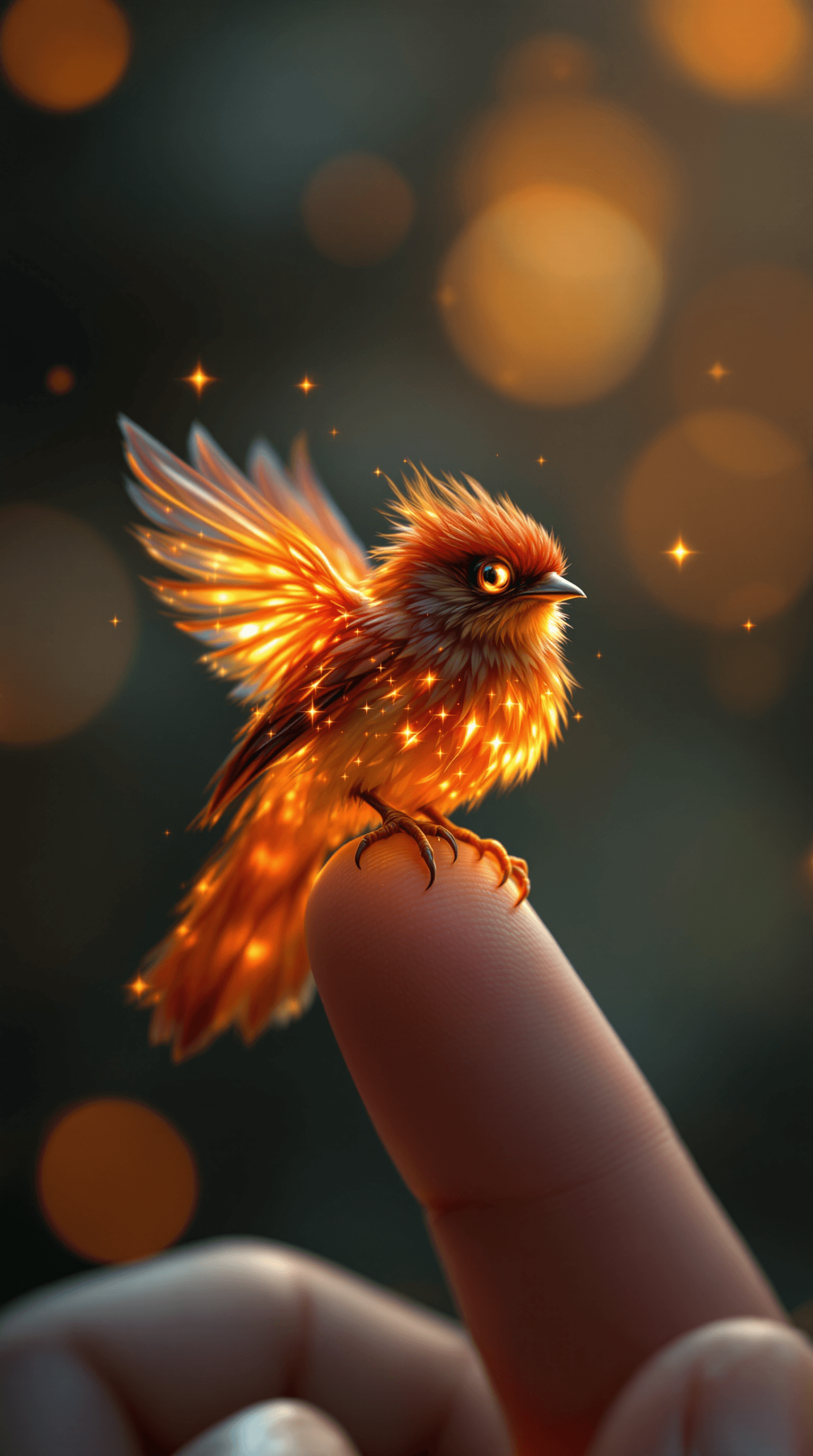 AI generated: A **detailed and enchanting** image of a **tiny fire bird**, delicately **perched on a person’s fing...