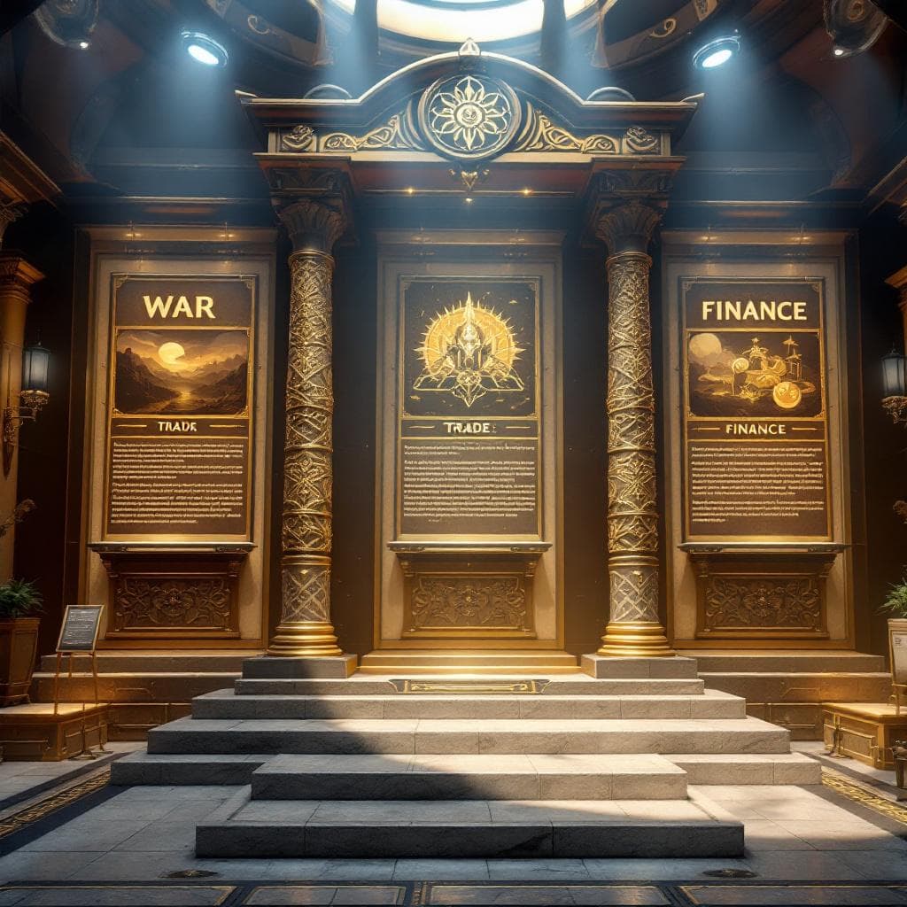 AI generated: The Three Pillars of Or’thiran Authority, WAR, TRADE, FINANCE Display 3 Pillars. Displayed in the Gr...