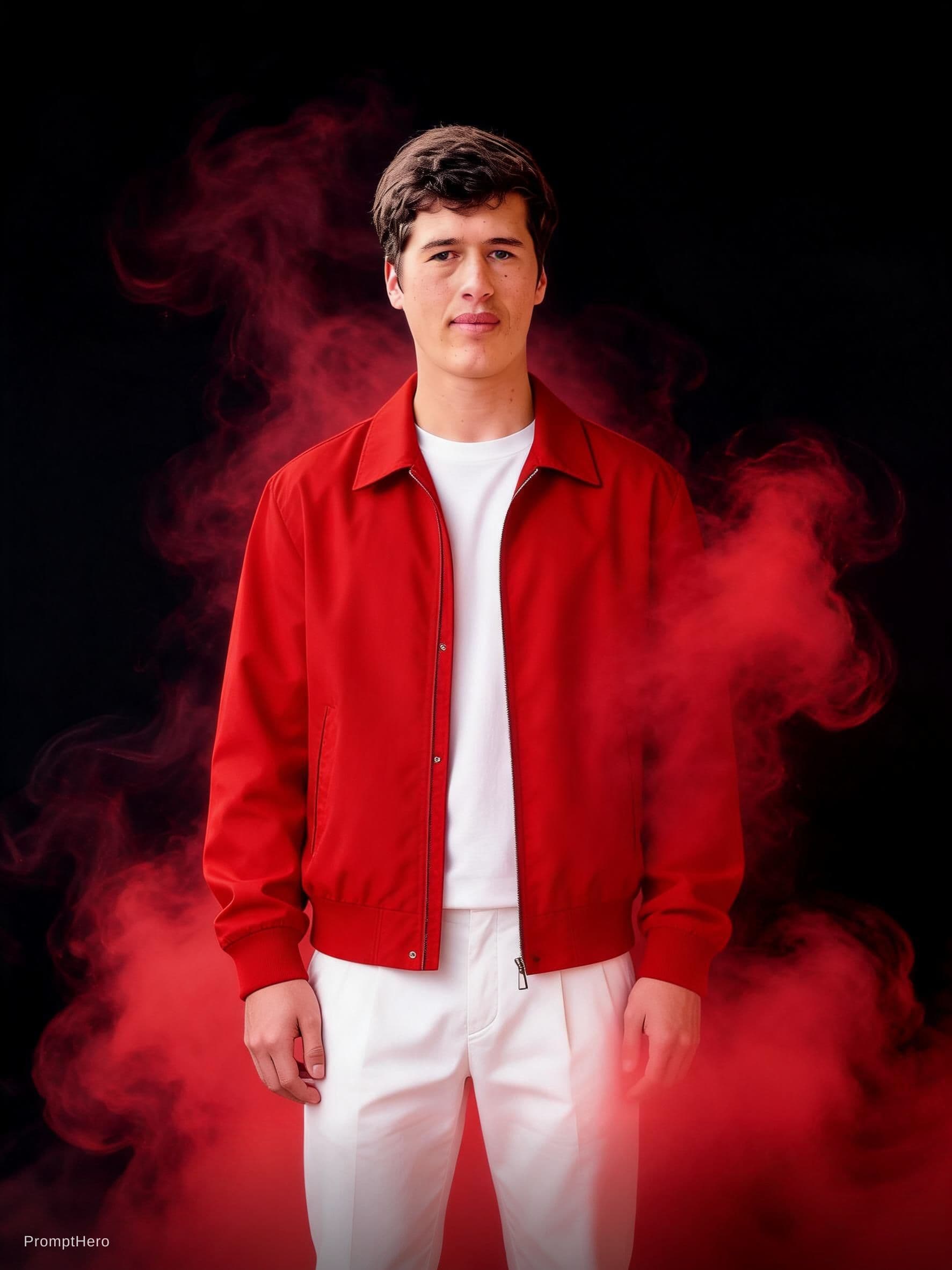 AI generated: fashion photography, front central full-length shot, male model, vibrant red color and black palette...