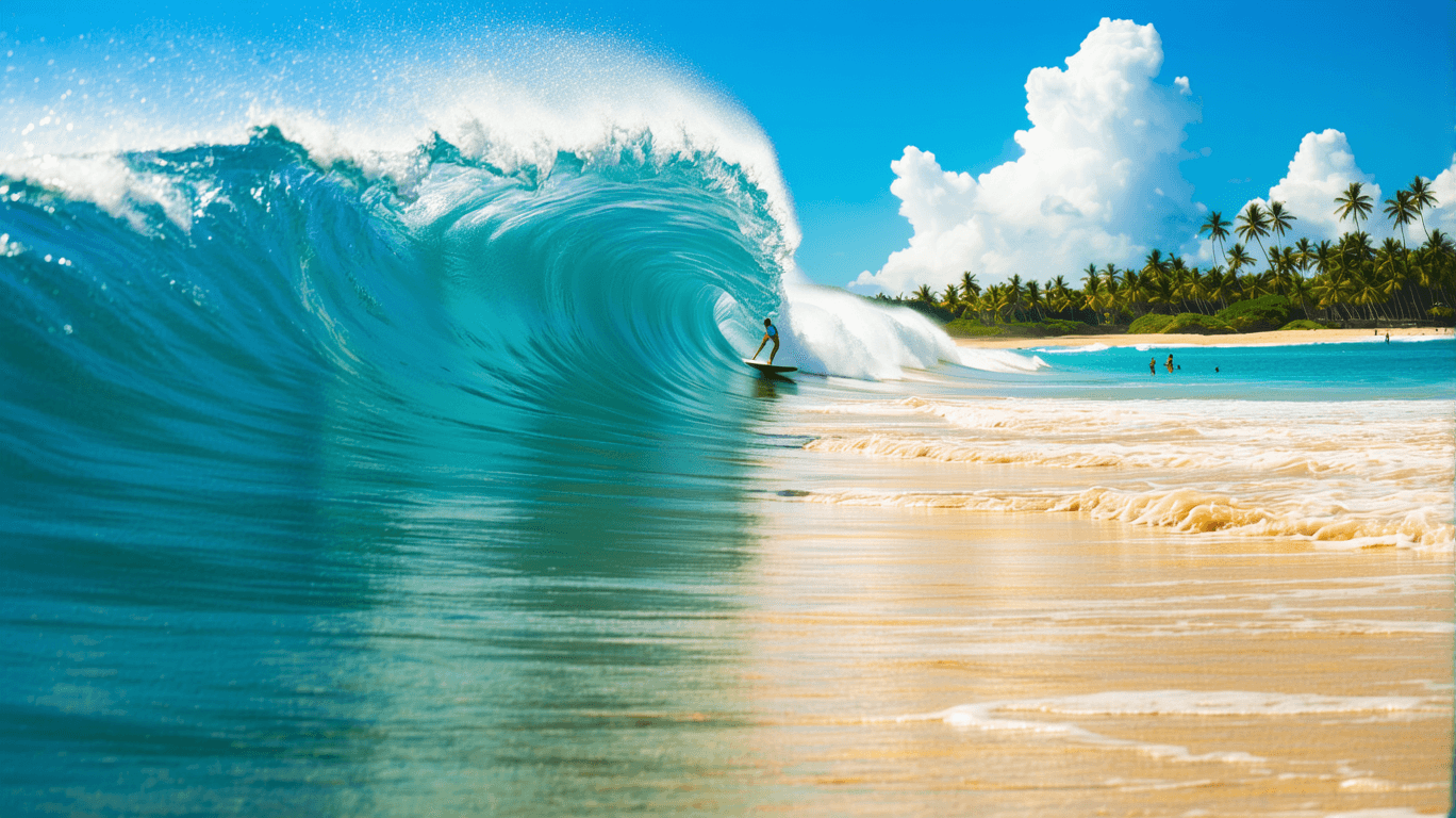 AI generated: A serene and vibrant photograph of a majestic wave crashing onto a picturesque, sun-kissed beach, pe...
