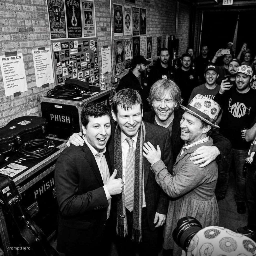 AI generated: with phish backstage at a concert, excited fans vibe