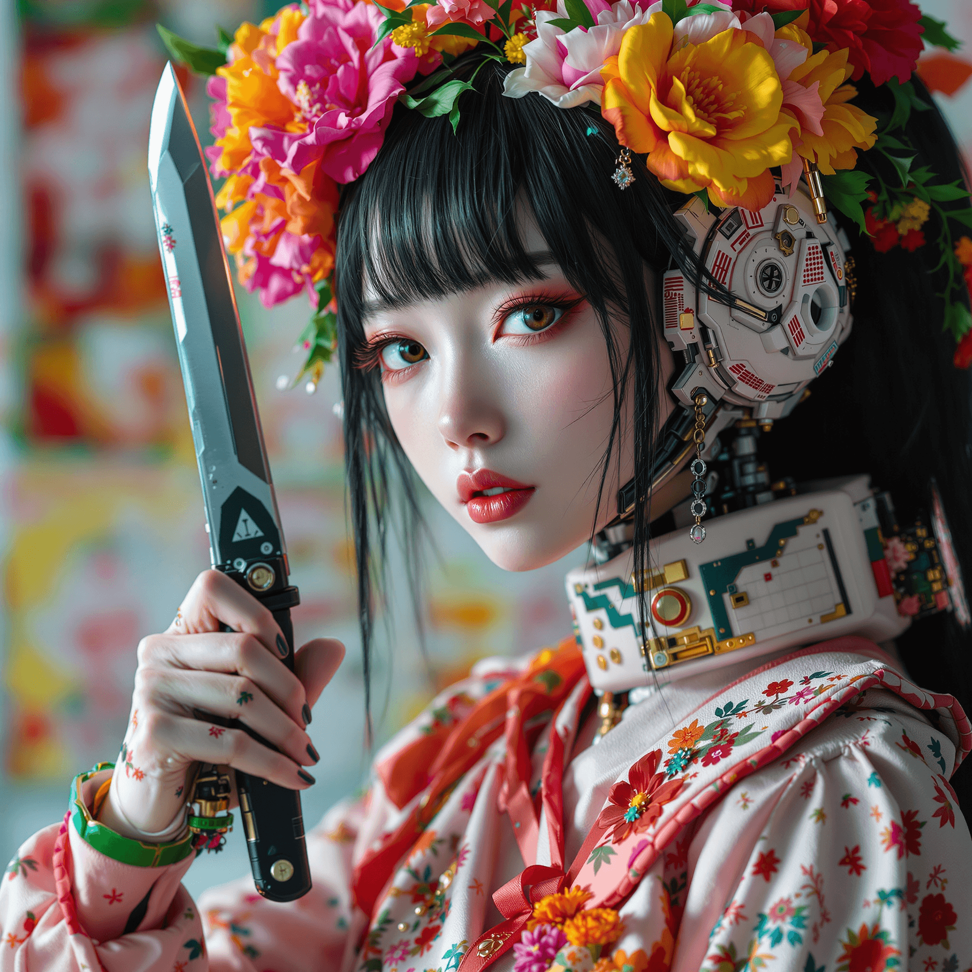 AI generated: Cyberpunk humanoid robot, japanese high school student, flowery school uniform, cybernetic humanlike...