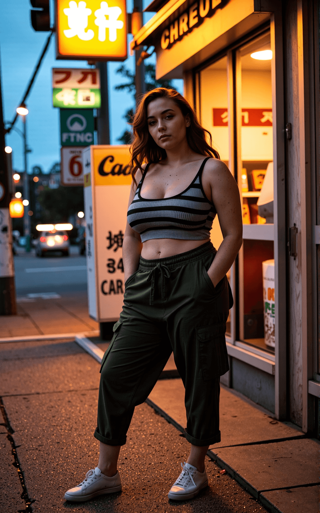AI generated: Cinematic photorealistic boudoir infused raw street photography of a curvy woman with pale freckled ...