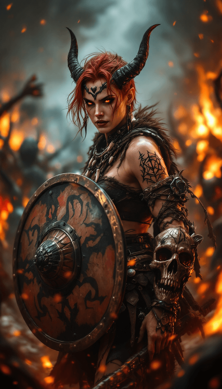 AI generated: The Demonic Shield Maiden: A fierce and resilient warrior with short, vibrant red hair styled in a p...