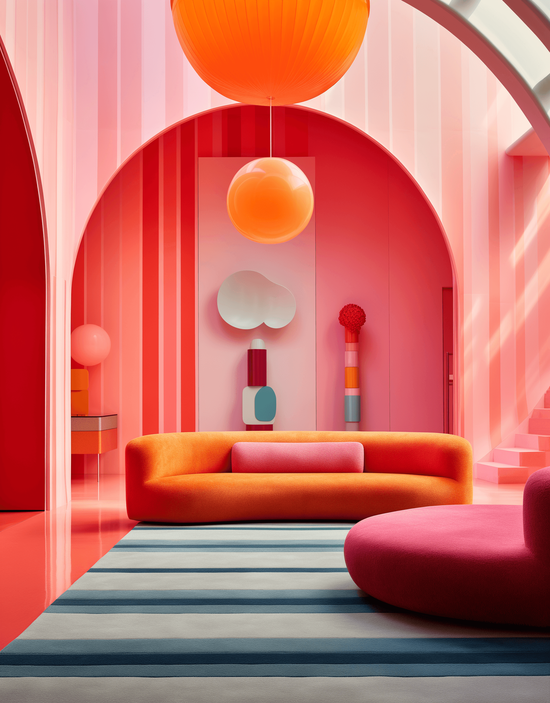 AI generated: interior design, living room in the style of James Turrell and in the style of Kelly Wearstler, pink...