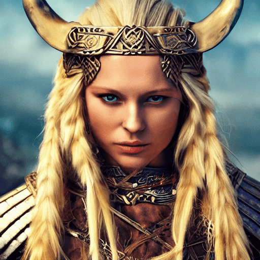 AI generated: Official ultra realistic photo of a beautiful blond and attractive majestic fierce viking woman, lea...