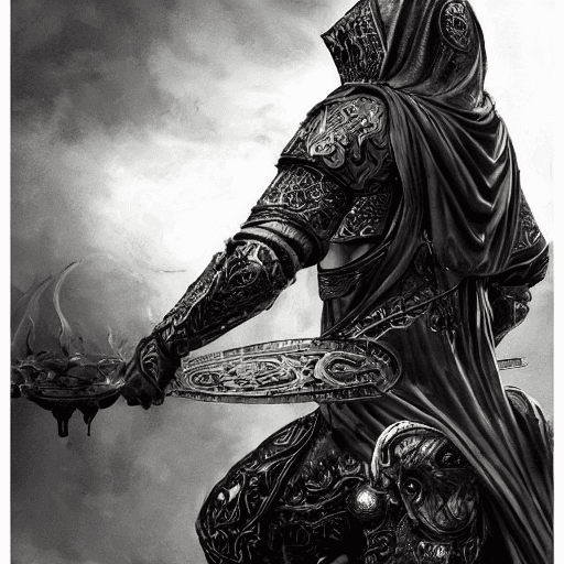 AI generated: A hooded knight rides a black stallion holding a weighing scale in his hand, flames from the ground,...
