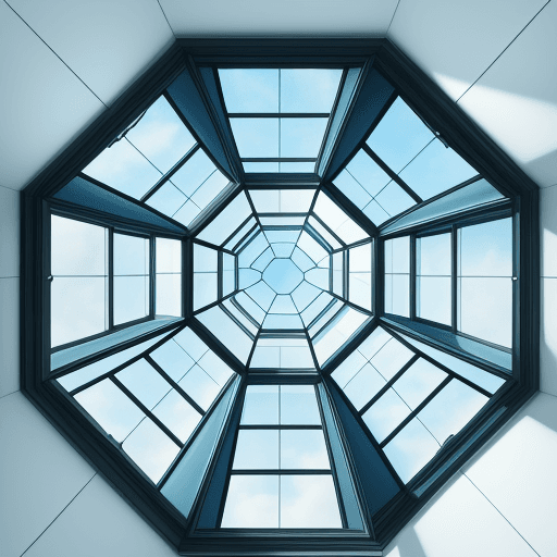 AI generated: photo of a glass skylight window from inside of the building at an angle with a color combination of...