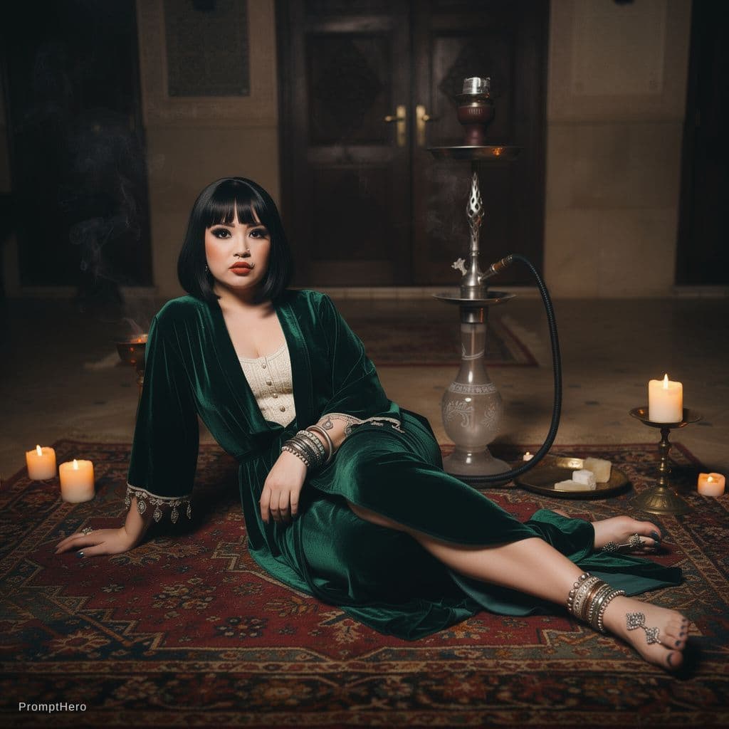 AI generated: A curvy, pale-skinned woman with an ink-black, chin-length bob and smoldering smoky eyes lounges sed...