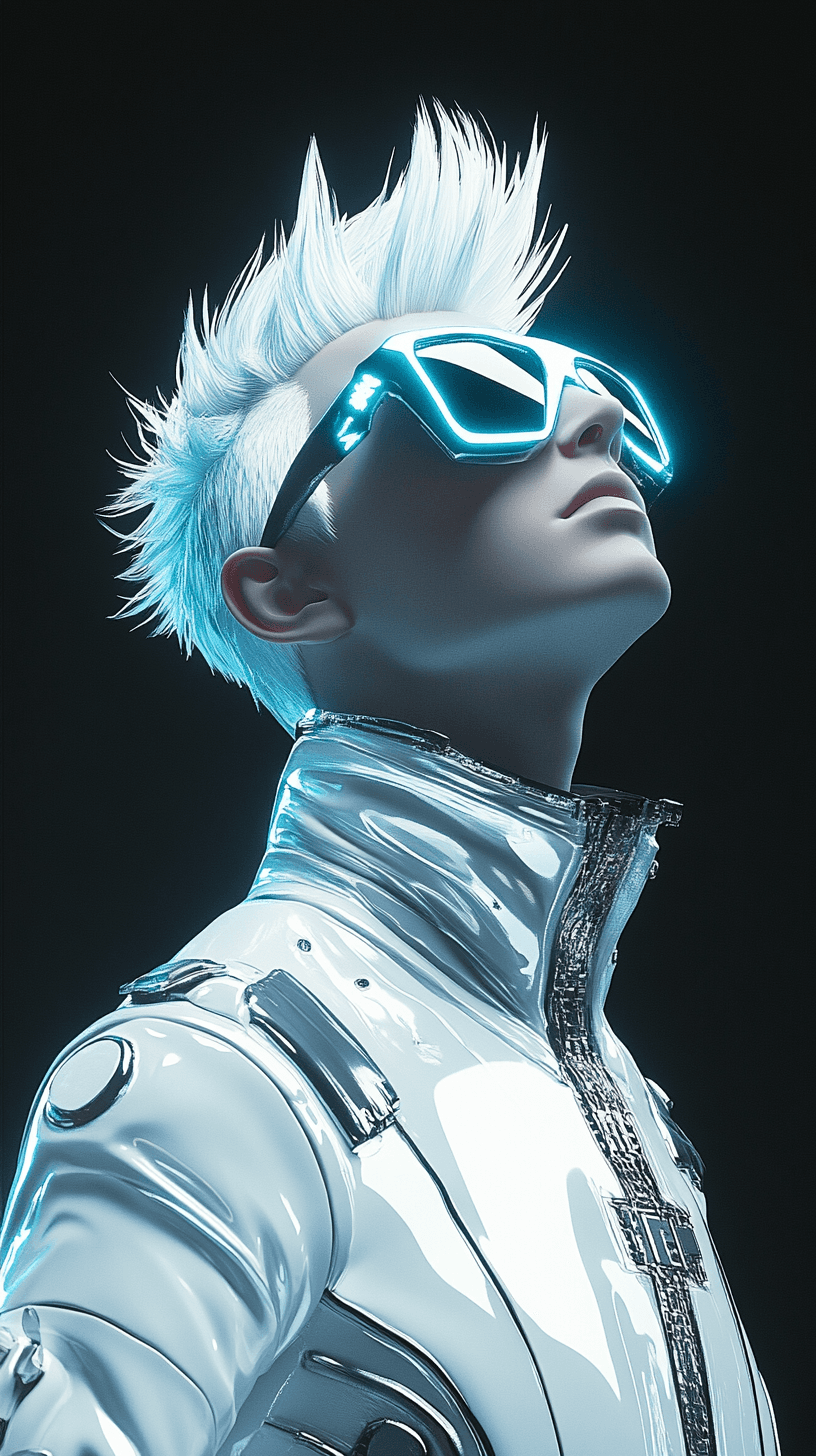 AI generated: Hyper realistic 3D [male] anime [cyberpunk] super model android robot [wearing sunglasses] with glos...