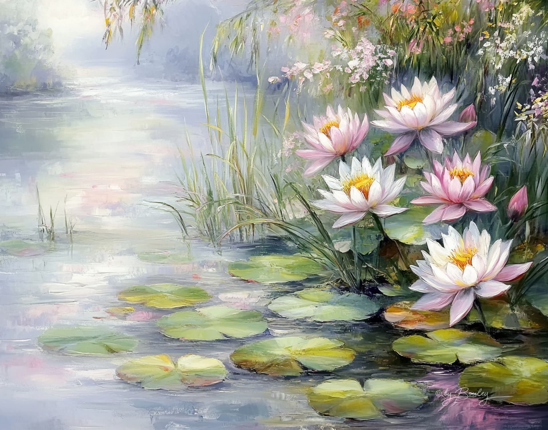 AI generated: A serene lakeside scene with water lilies and other aquatic plants, their leaves and blossoms releas...