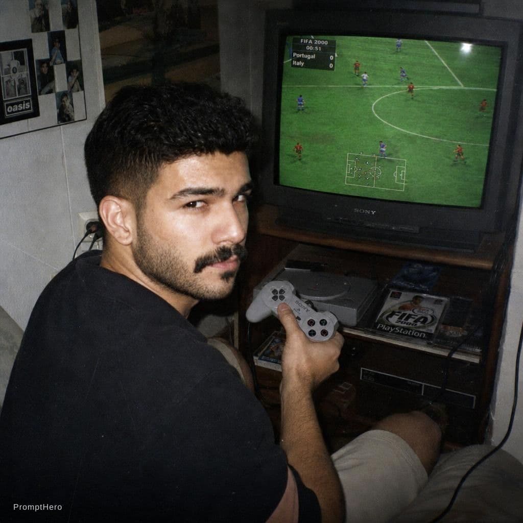 AI generated: Grungy analog photo of Luis Figo circa 2000 playing Fifa 2000 on Playstation 1 on a 90s CRT TV in a ...