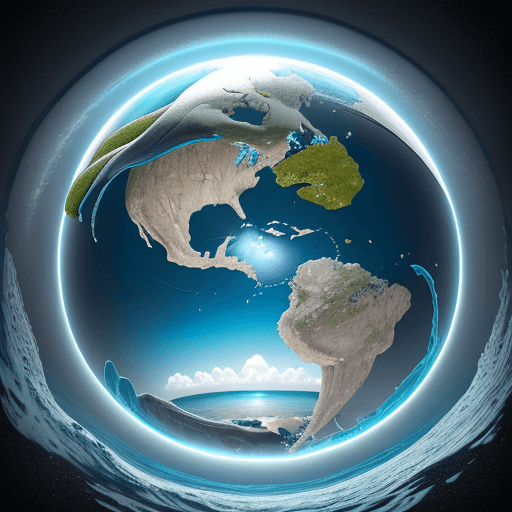 AI generated: Inverted earth globe with sky in middle, then ocean in middle,then earth on outside, dolphins with l...