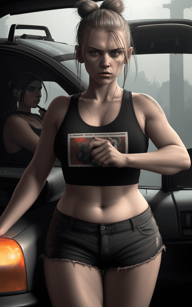 AI generated: Vladimir Matyukhin, RAW, intricate, vibrant colors,(((facing viewer))) A female waiting inside a car...