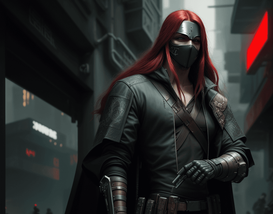 AI generated: Cyberpunk, robin hood, Heavy Pistol, stylish, masked, dark clothes, chinesse, red long hair, male, k...
