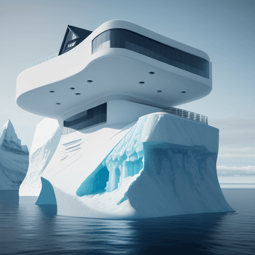 AI generated: modern house on the top of an iceberg floating in the middle of the ocean. cinematic, hyper realism,...
