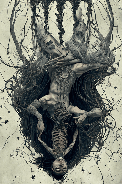 AI generated: olpntng style, a tarot card, Le Pendu, a man hanged up side down, intricated hair, intricated skin, ...