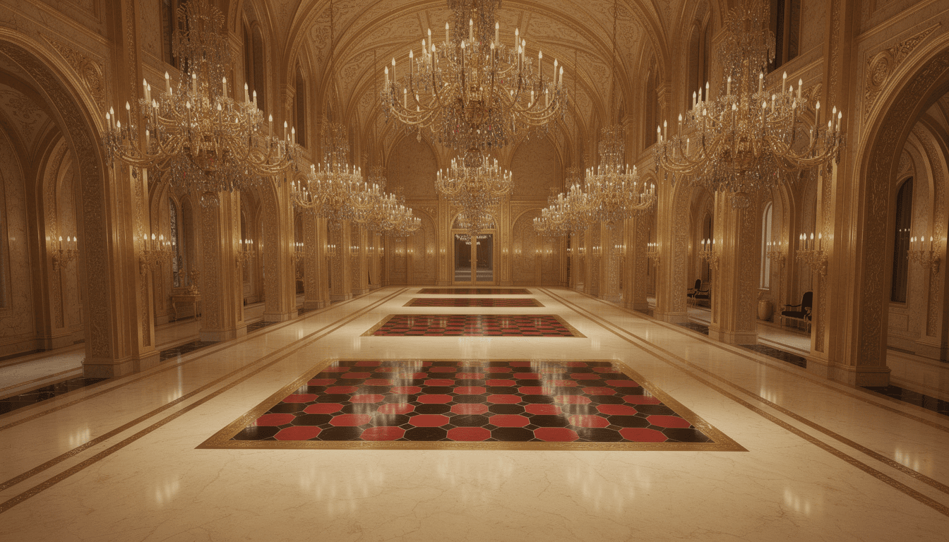 AI generated: Fency corridor with a few chandeliers gold and silver color of Golden color Castle from inside, marb...