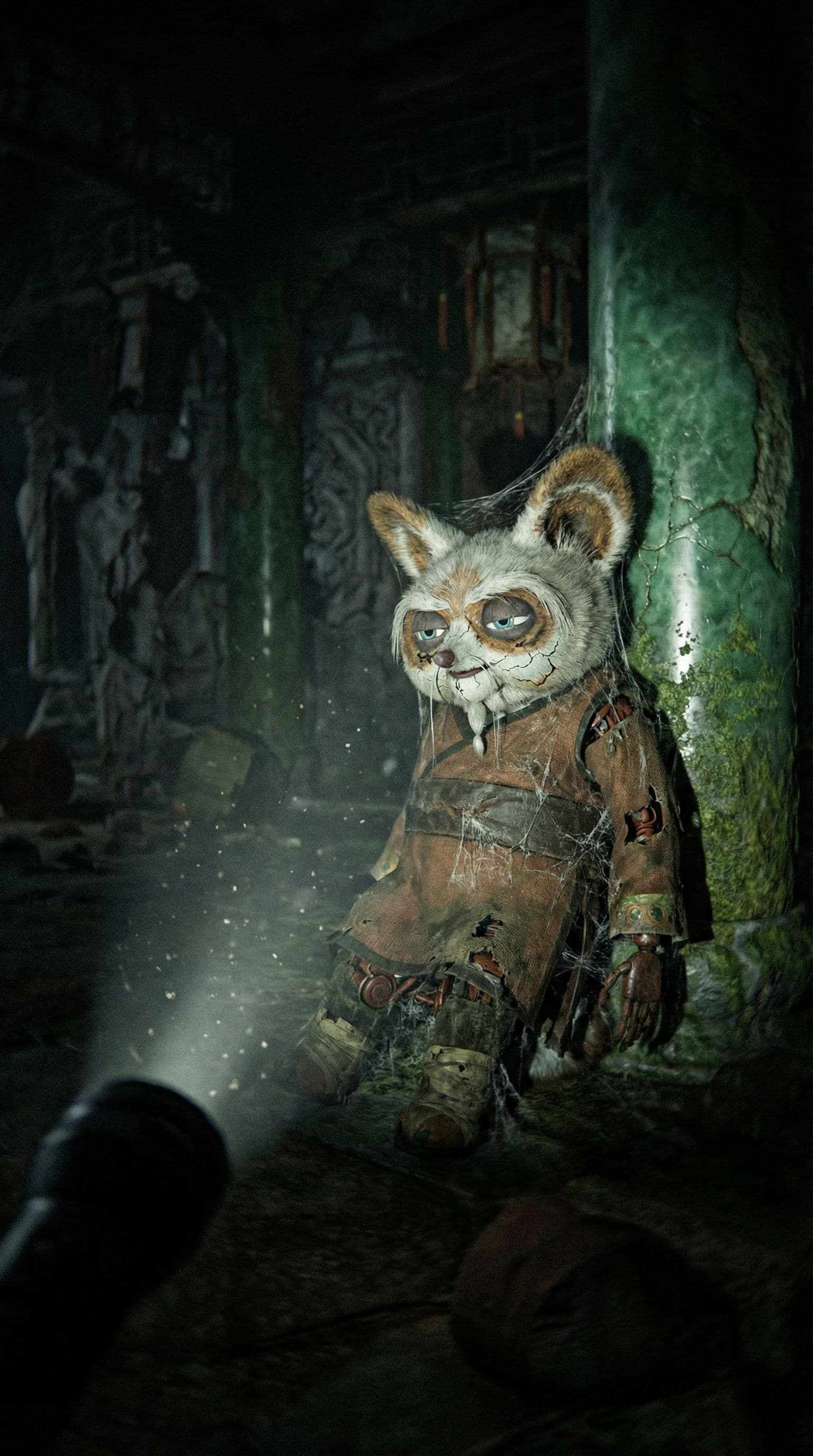 AI generated: A wide shot of an abandoned Master Shifu animatronic slumped against an ornate jade-green temple pil...