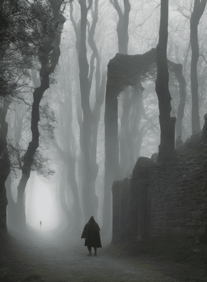 AI generated: ,The photo shows a figure in dark armor and hood holding a sword and walking through an ancient ston...