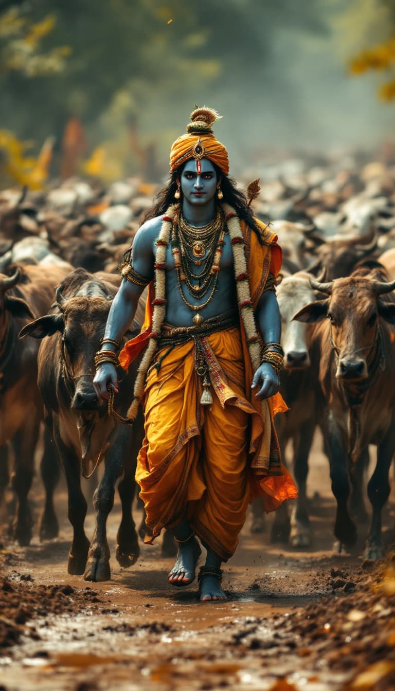 AI generated: Lord Shri Krishna Walking with a herd of cows, in a cinematic scene, on a mud road
