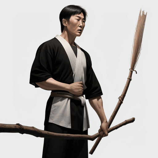AI generated: A young man stands tall and strong like Jet Li and Jackie Chan mythology, The position of the stick ...