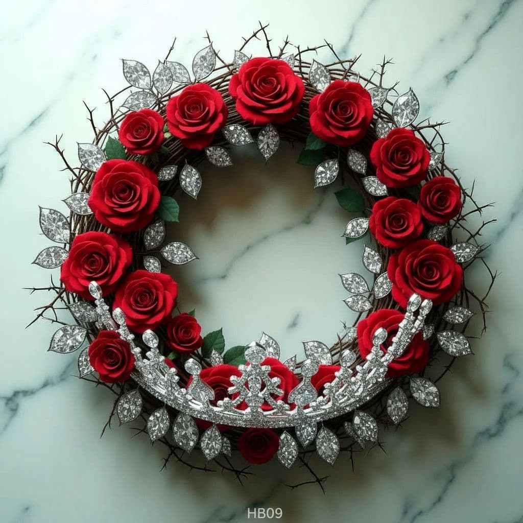 AI generated: Create a flower crown encrusted with diamonds.
Insert a very small watermark "HB09" at the bottom o...