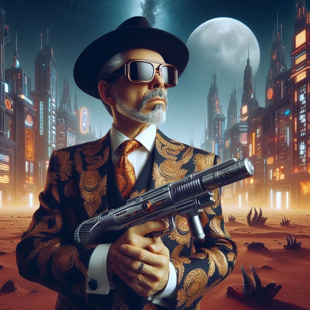 AI generated: 1930's style Mafia gangster dressed in a Versace suit, epic shootout with laserguns, retrofuturistic...